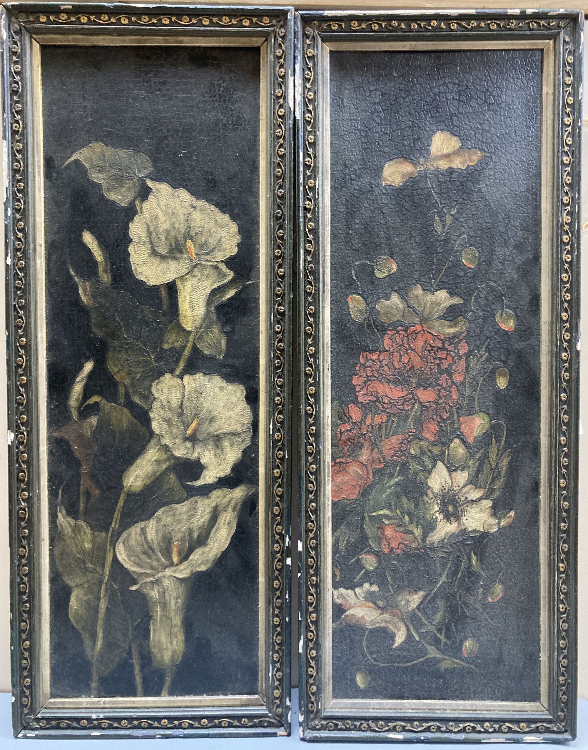 English School c.1900, a pair of oil on leather?, Still lifes of lilies and poppies, 52 x 17cm